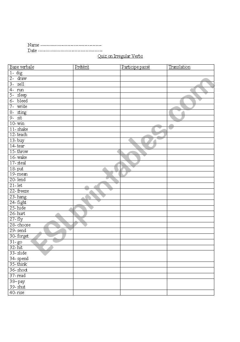 Irregular verbs quiz worksheet