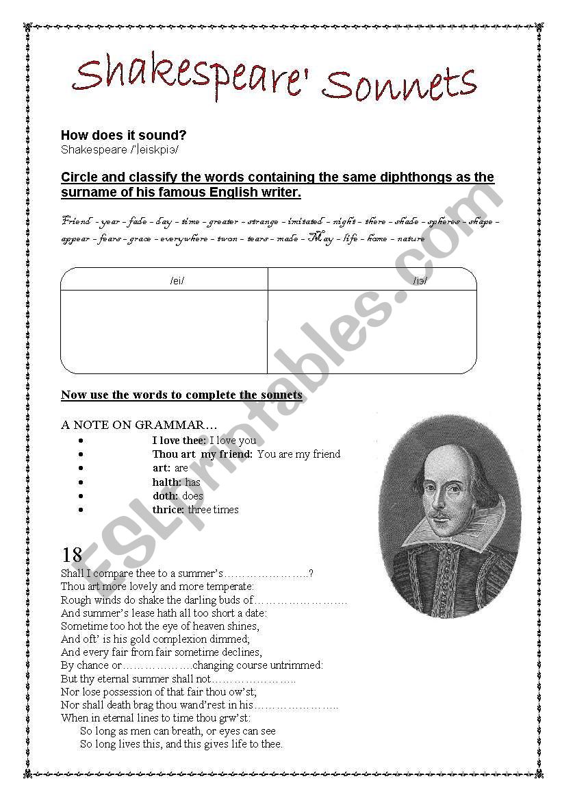 Shakespeares Sonnets worksheet