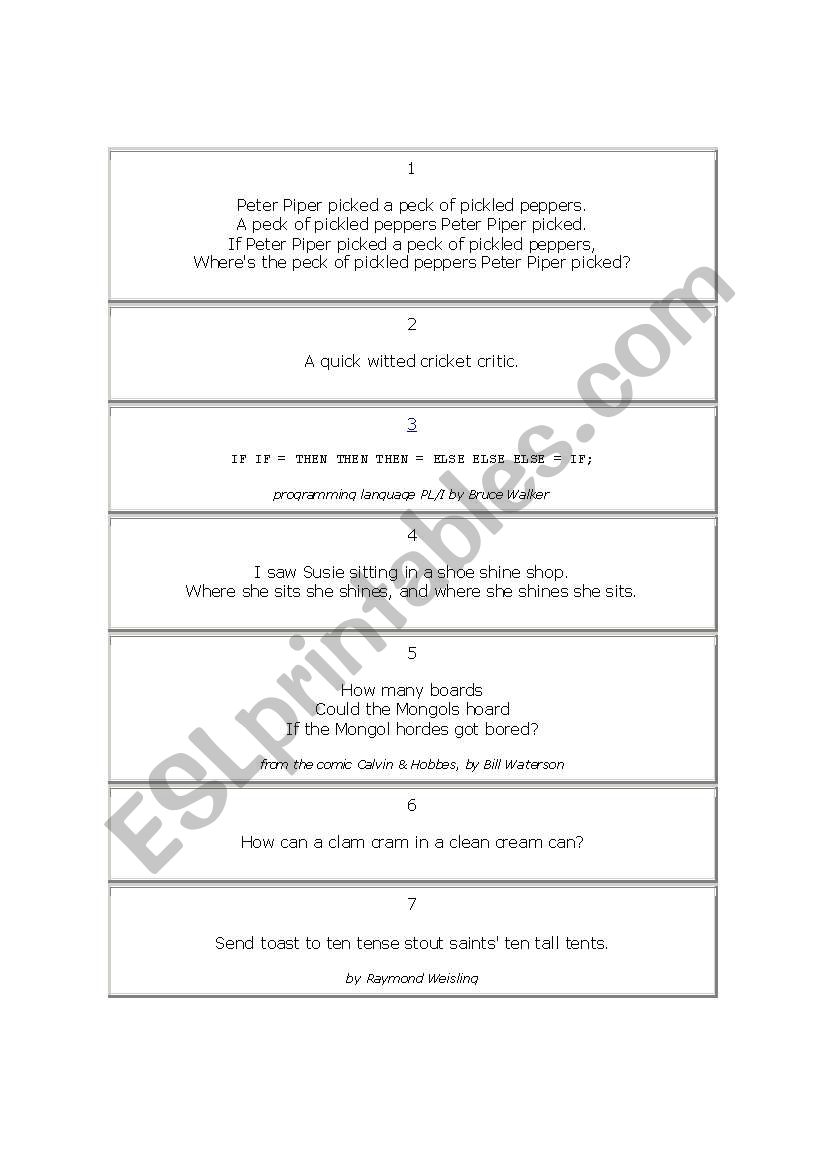 tong twisters worksheet