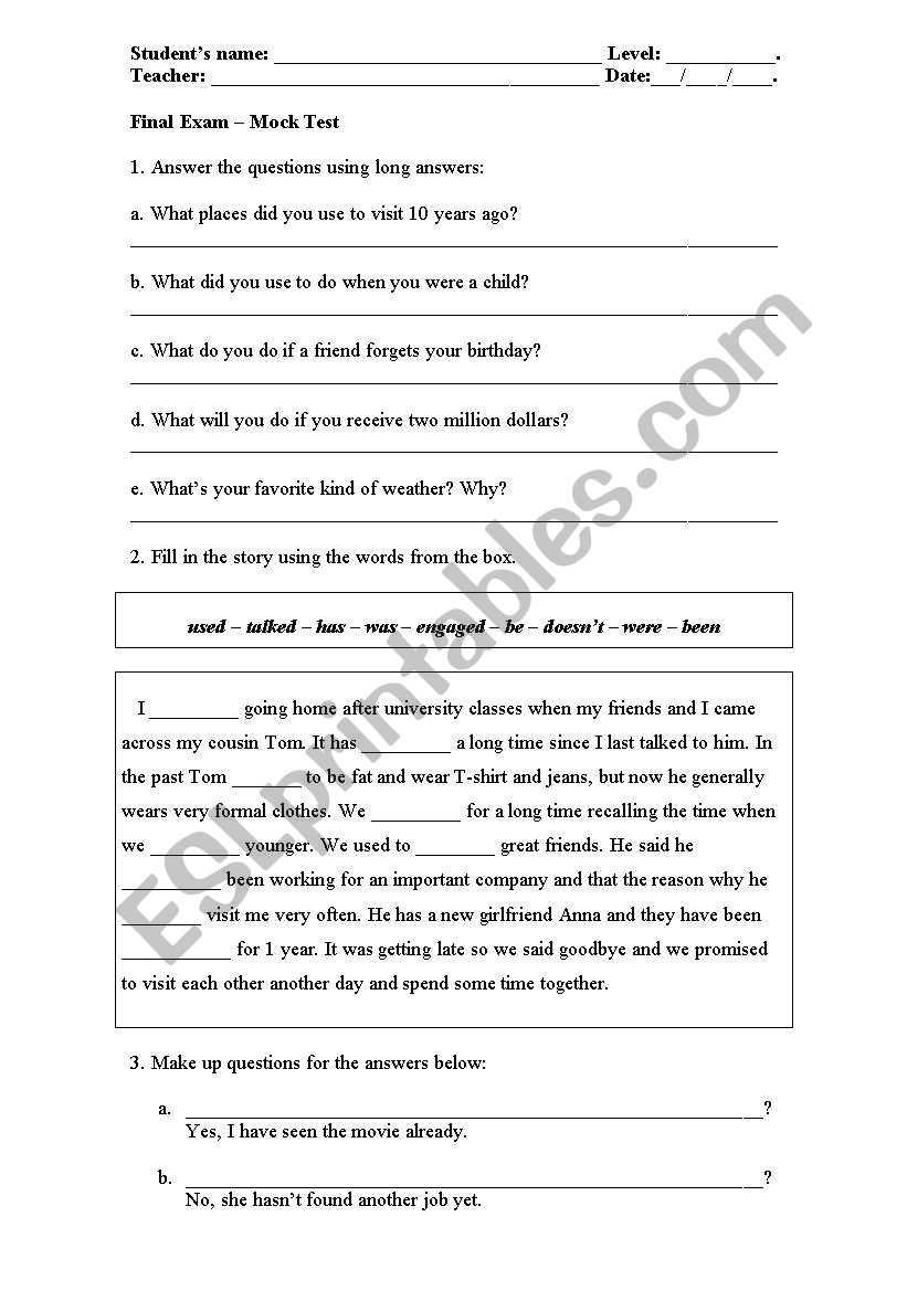 Mock test worksheet