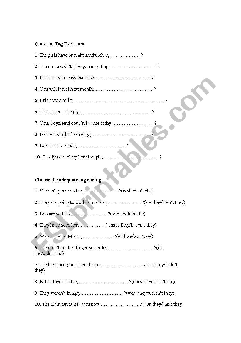 Question tag - exercises worksheet