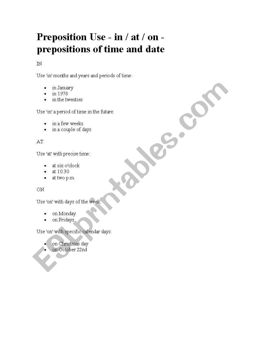 Prepositions of Time worksheet