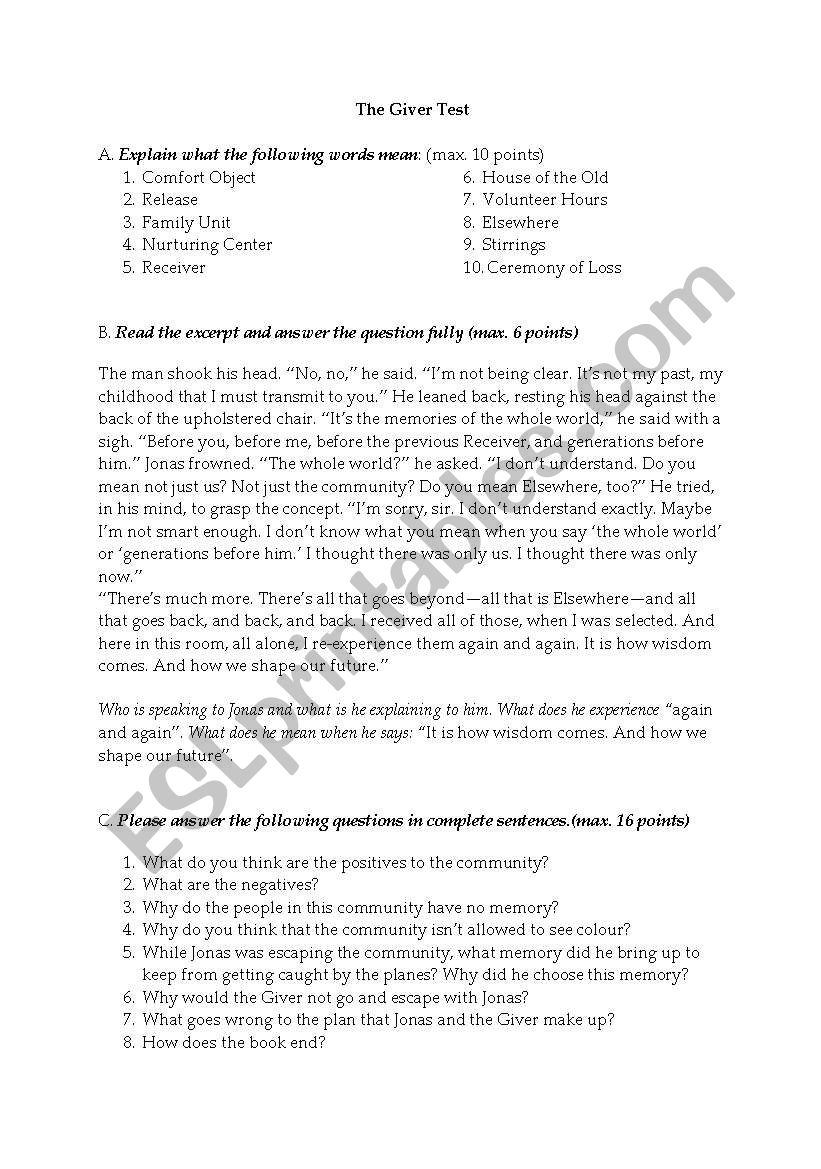 the giver  worksheet