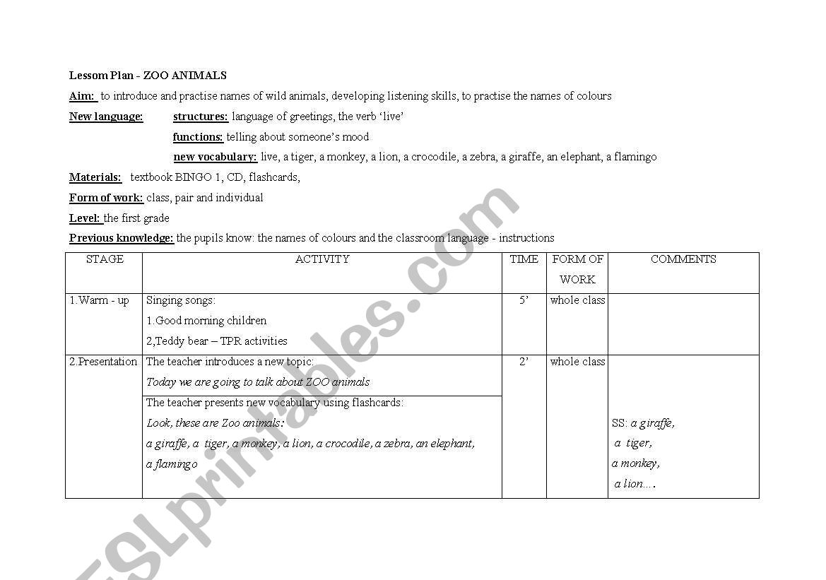 lesson plan zoo animals worksheet