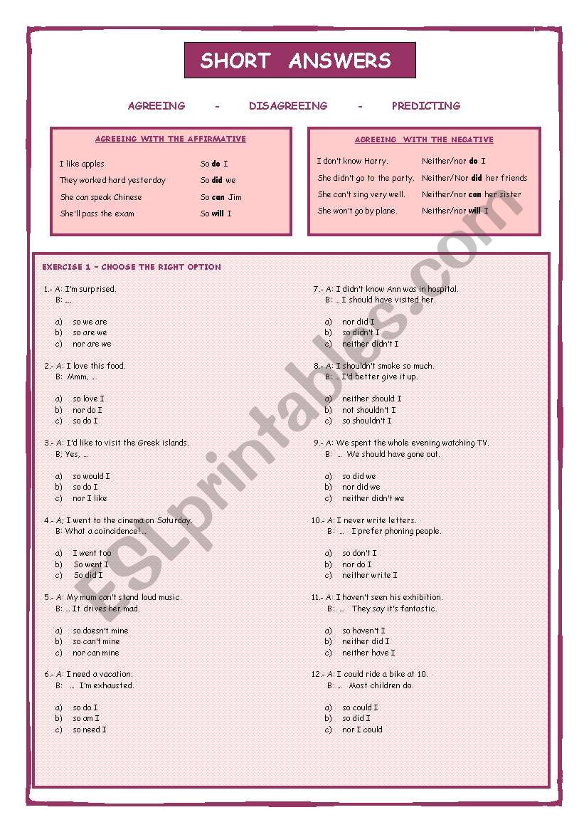 Short Answers  worksheet