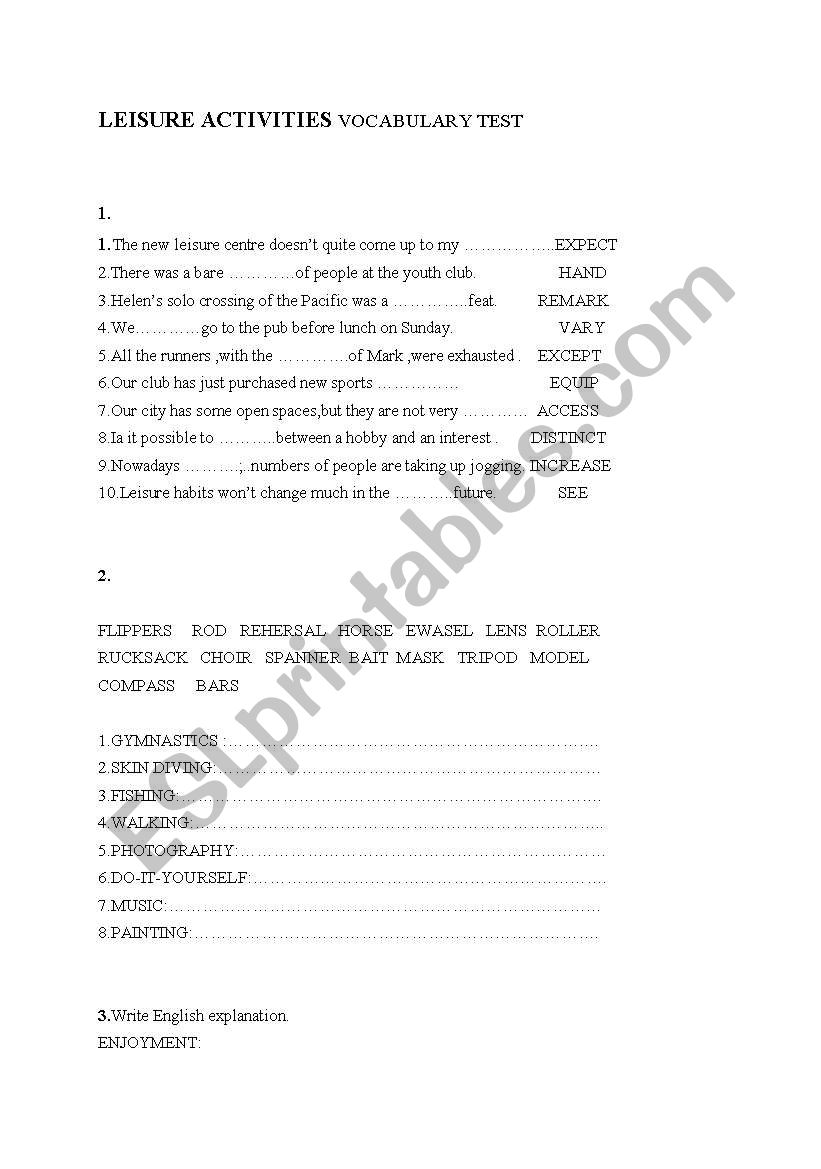 Test on Vocabulary Leisure Activities