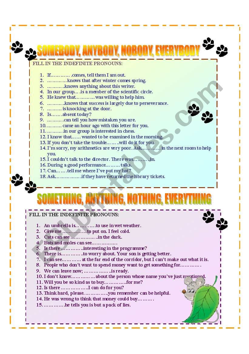 INDEFINITE PRONOUNS worksheet