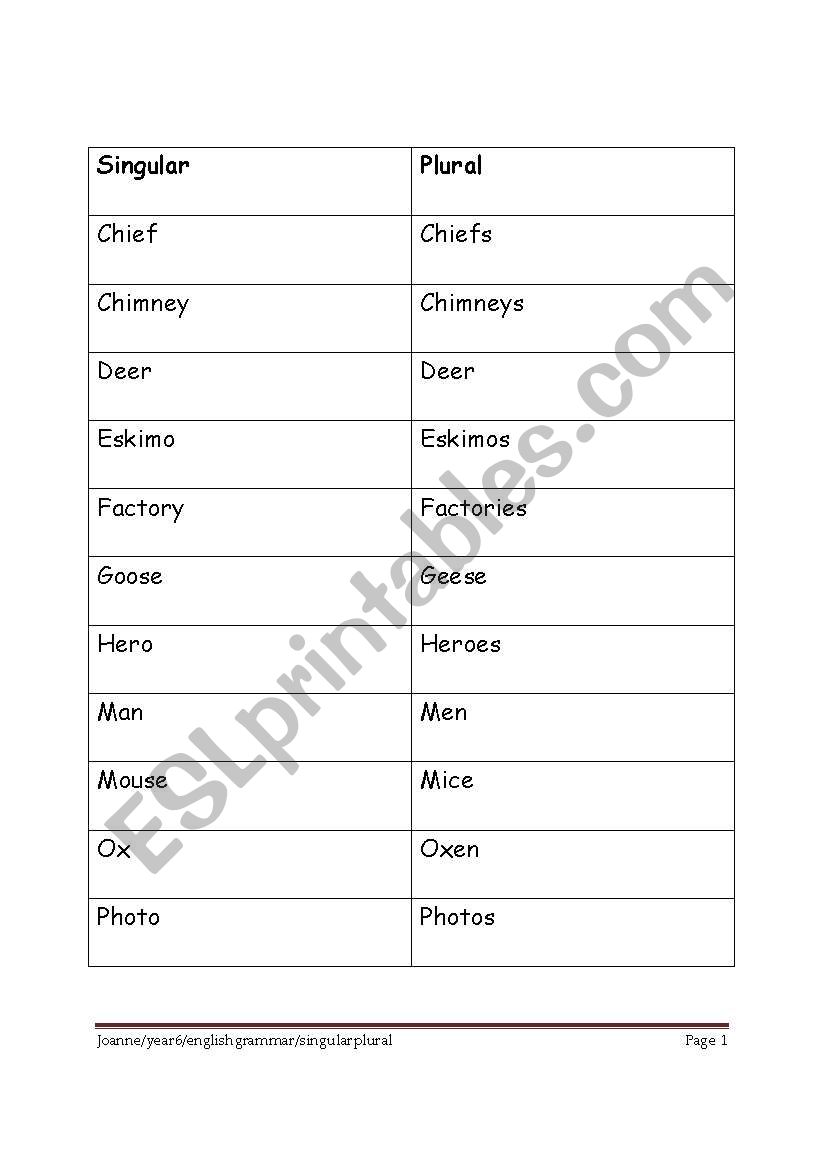 singular and plural worksheet