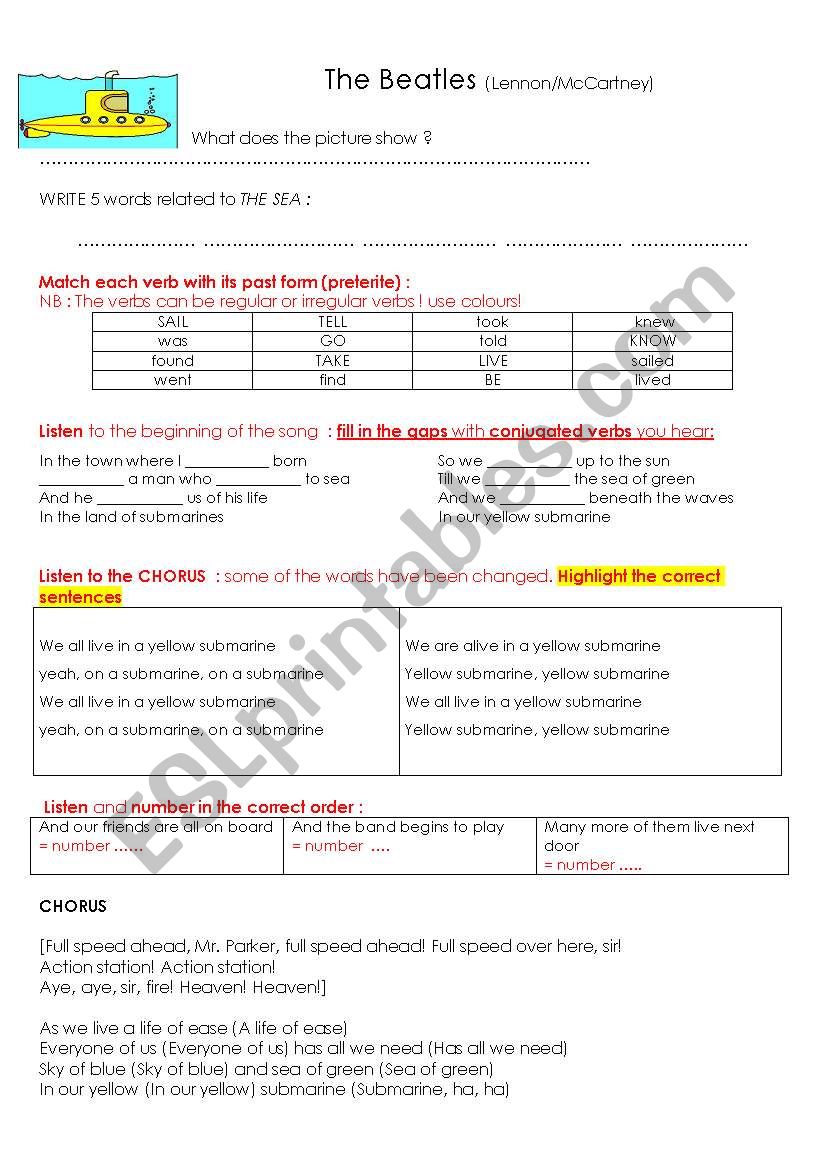 TheBeatles yellow submarine worksheet