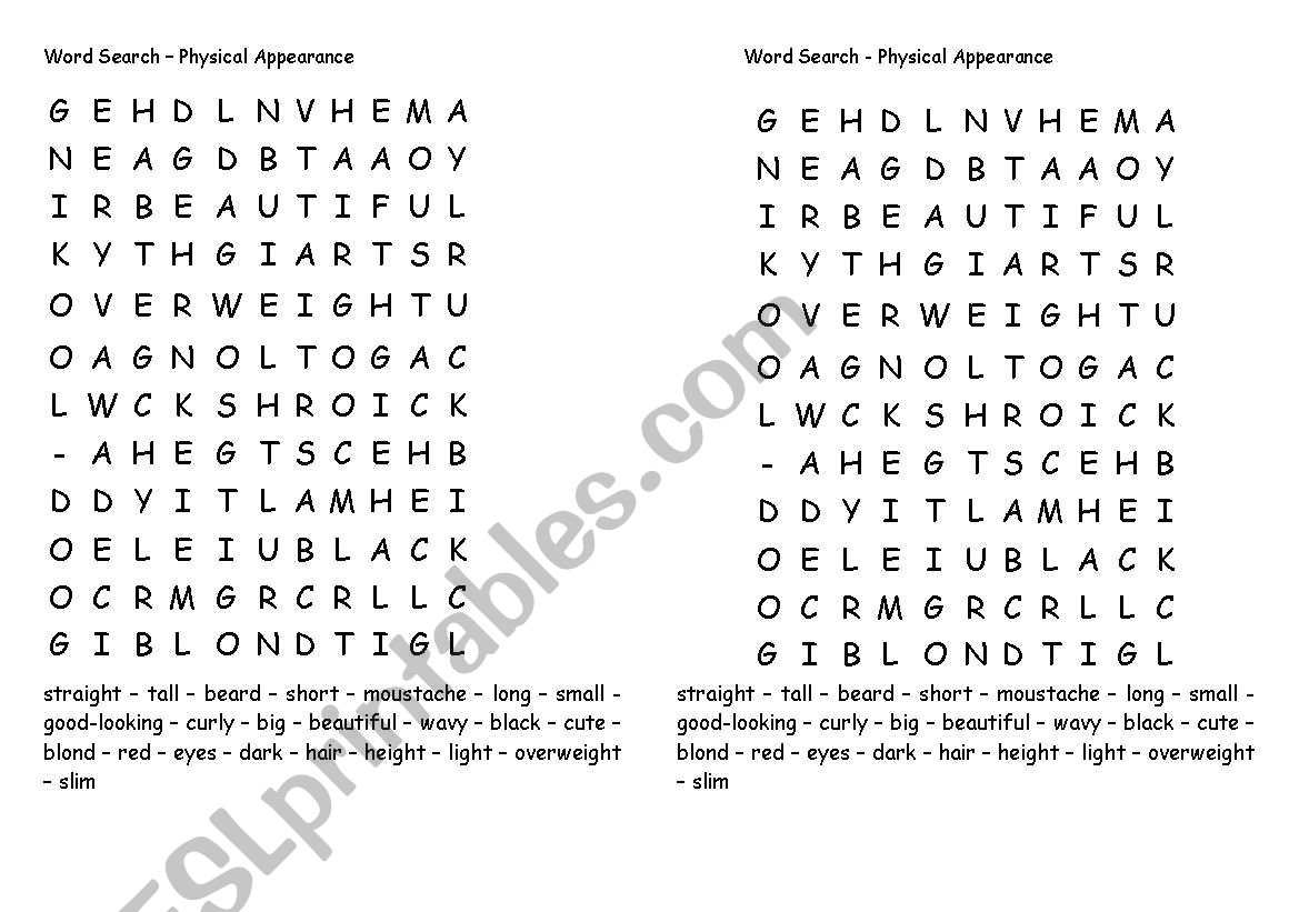 Physica Appearance Wordsearch worksheet