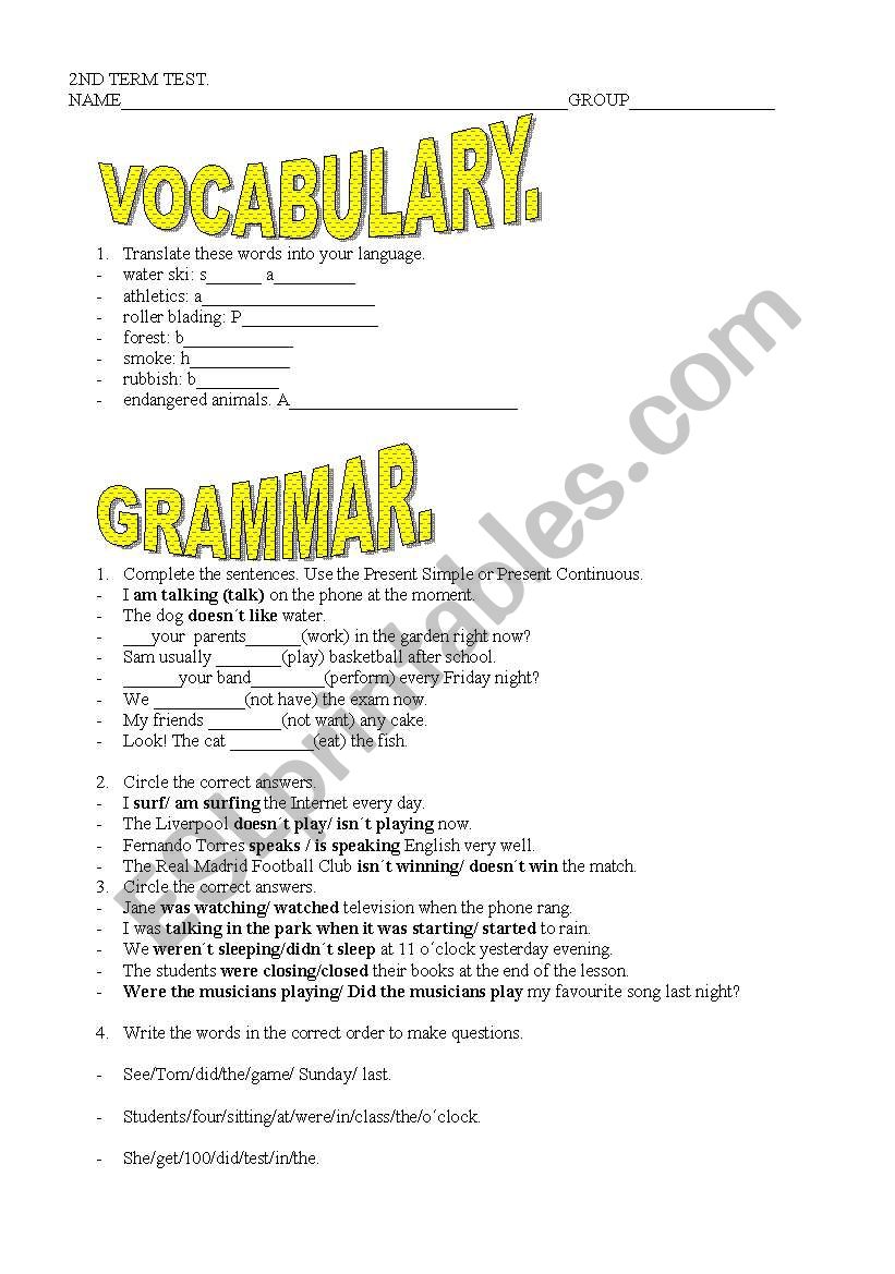 term test exam for intermediate students