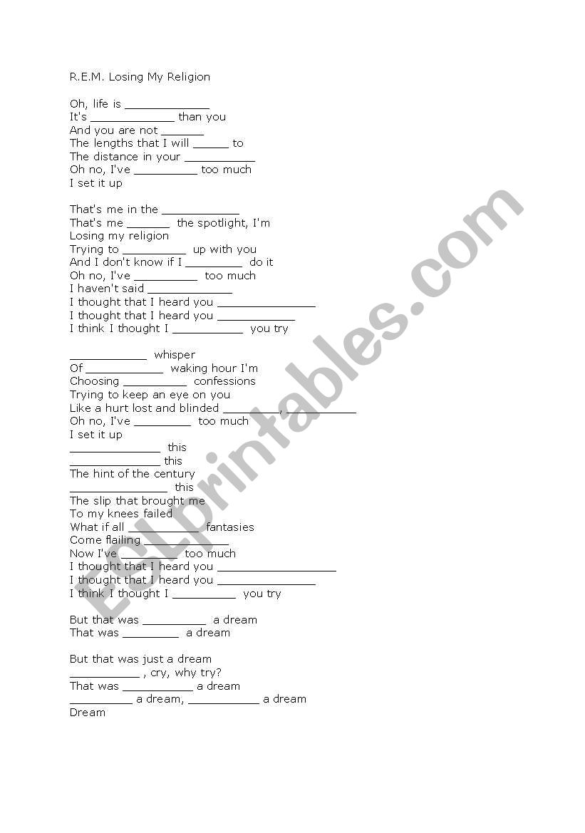 Losing My Religion worksheet