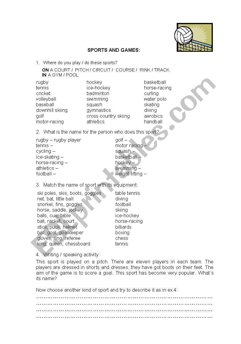 Sports, places and equipment worksheet