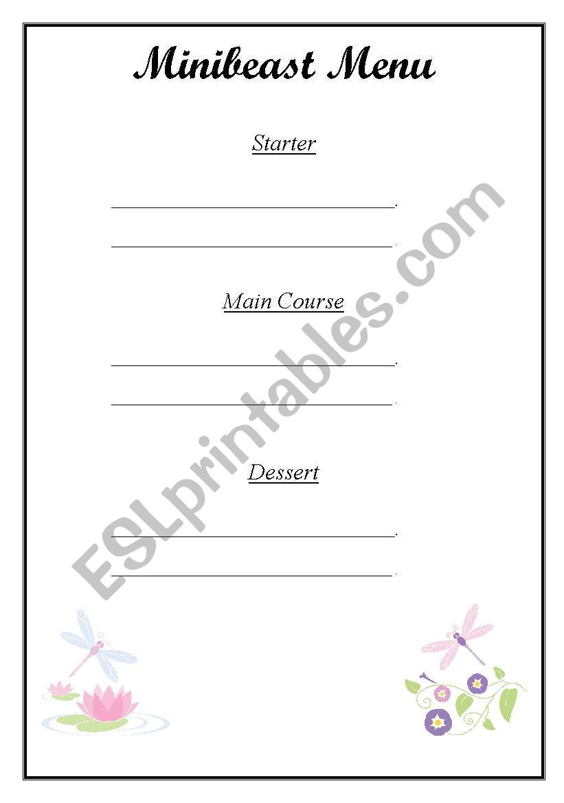 Minibeast menu worksheet