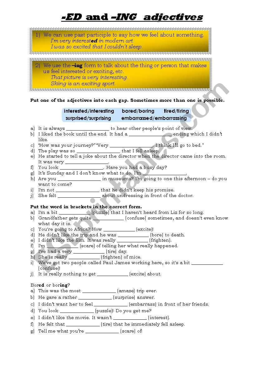 ED and ING adjectives worksheet