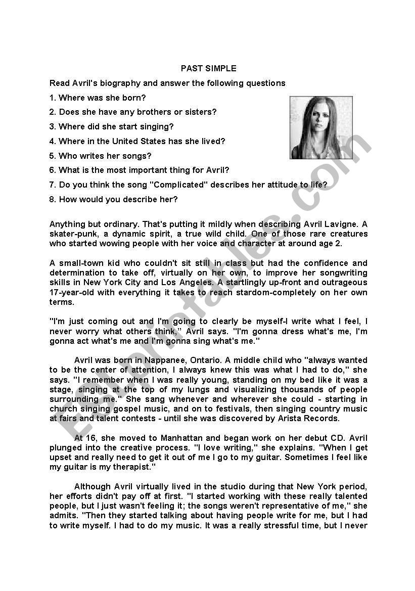 Past Simple- Avril Lavigne worksheet