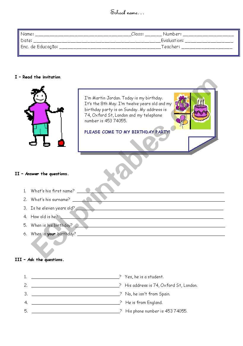 personal identification worksheet