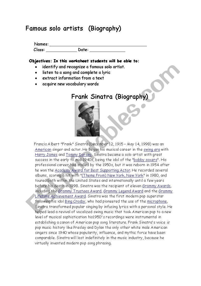 Frank Sinatra Biography worksheet