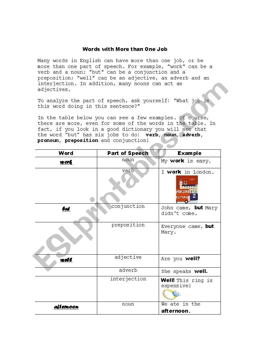 Words with More than One Job worksheet