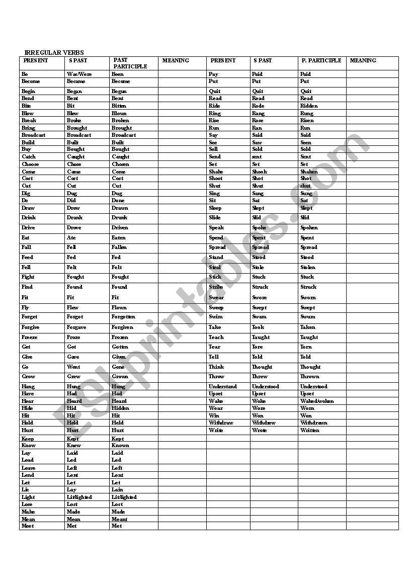 irregulars verbs worksheet