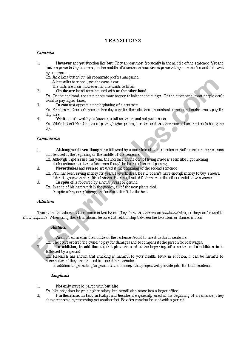 Transitions worksheet