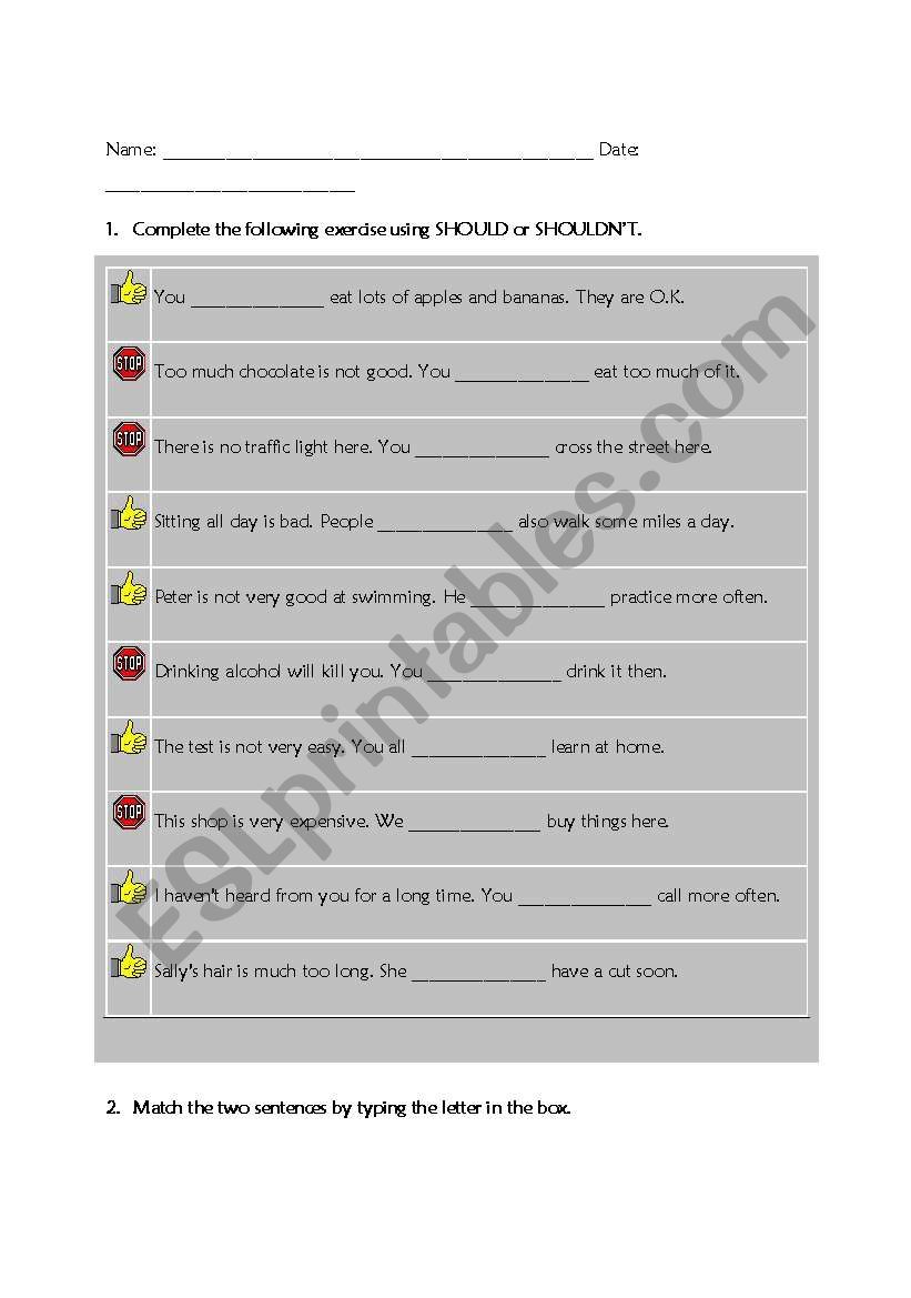 SHOULD SHOULDNT EXERCISE worksheet