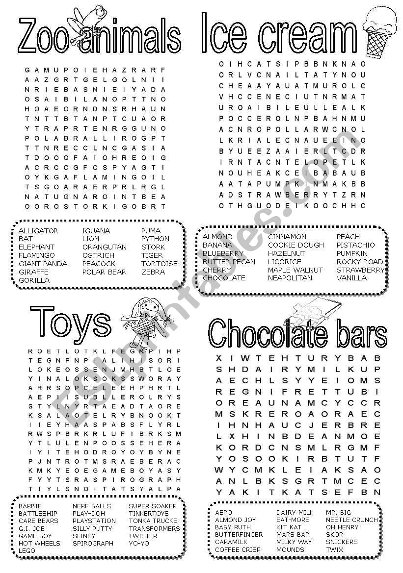 wordsearch - zoo animals - ice cream - toys - chocolate bars