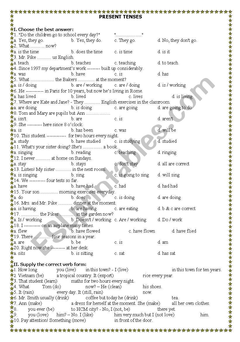 present tense test worksheet