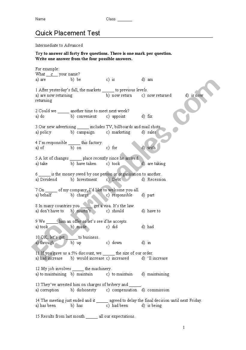 Quick replacement  test  worksheet