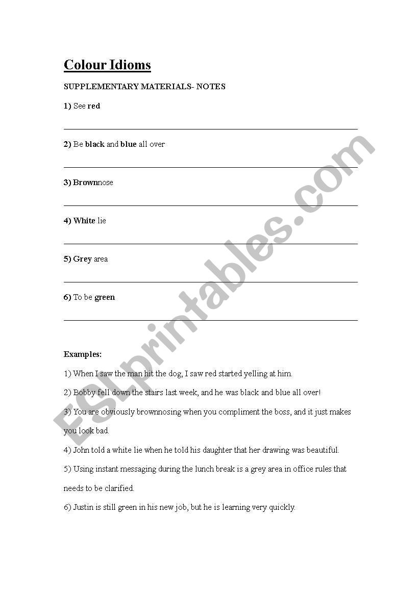 colour idiom worksheet