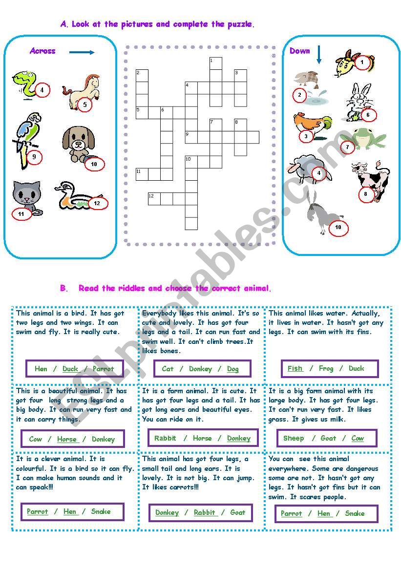 Animals - Puzzle - Reading worksheet