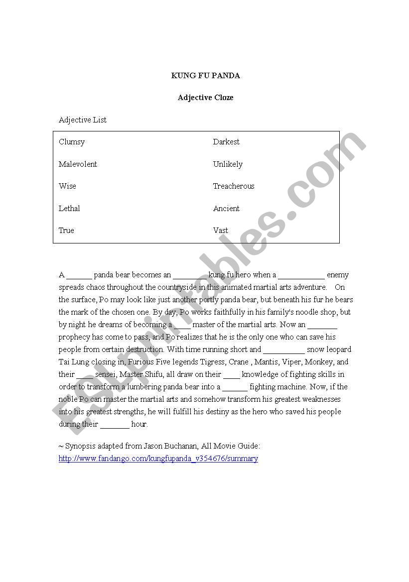 Kung Fu Panda adjective cloze worksheet