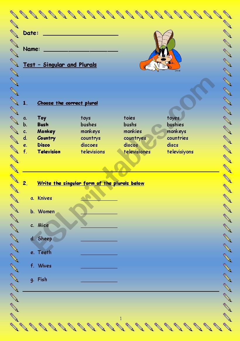 Singular and Plural Nouns Test