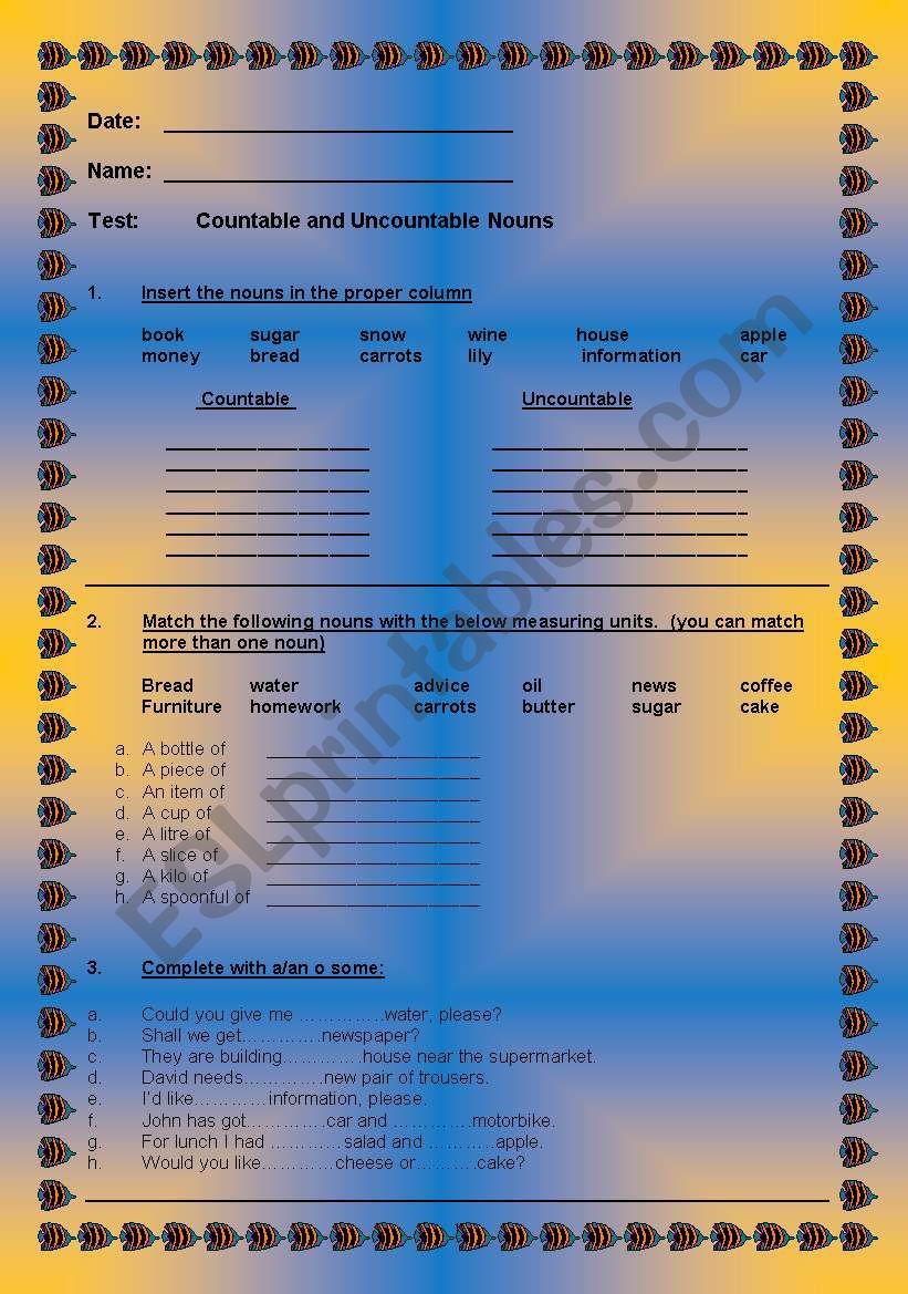 Countable and Uncountable Nouns Test