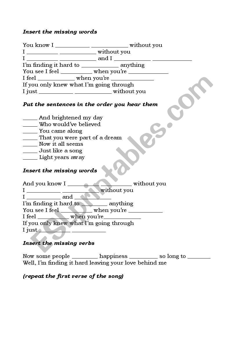 Cant smile without you worksheet