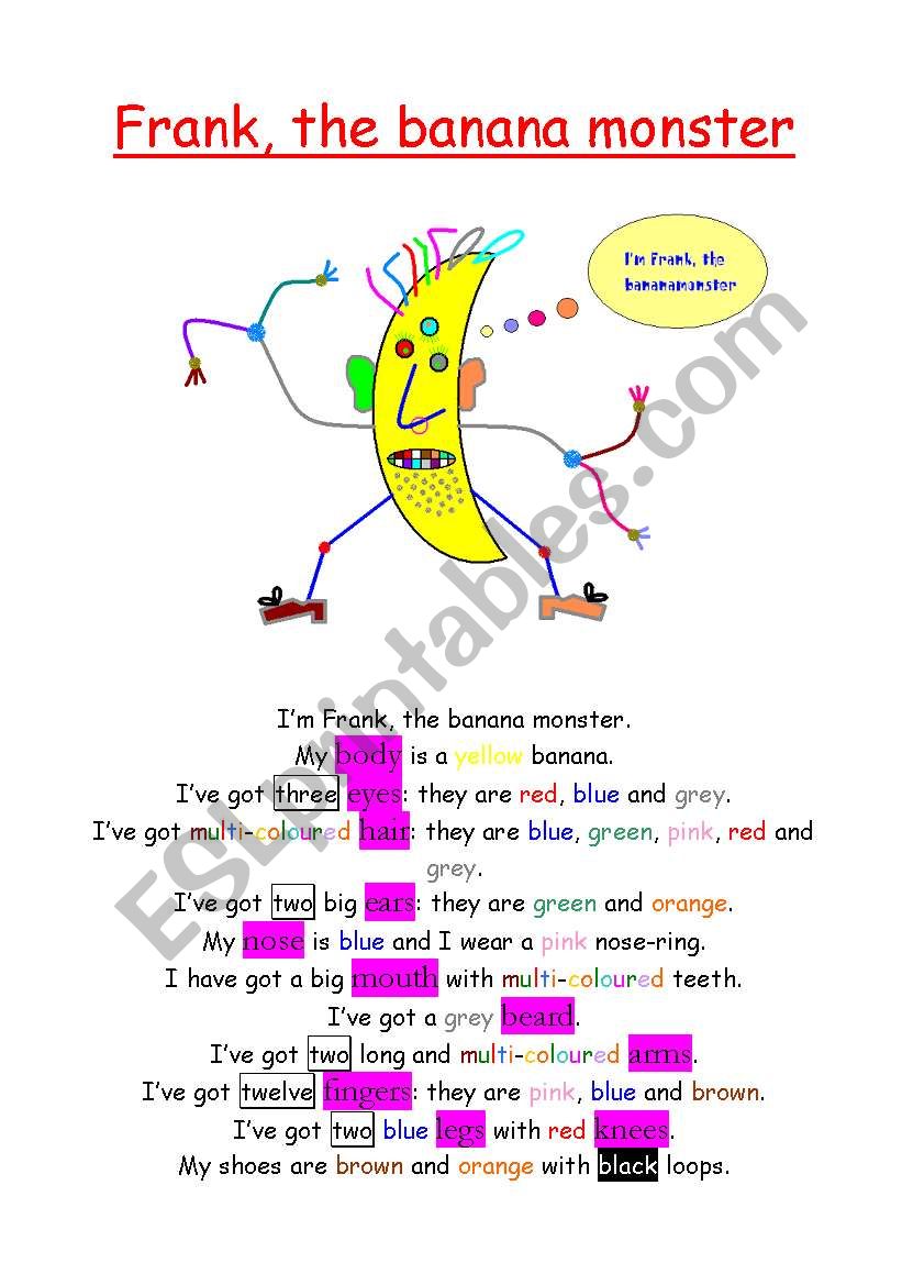 Frank, The banana monster worksheet