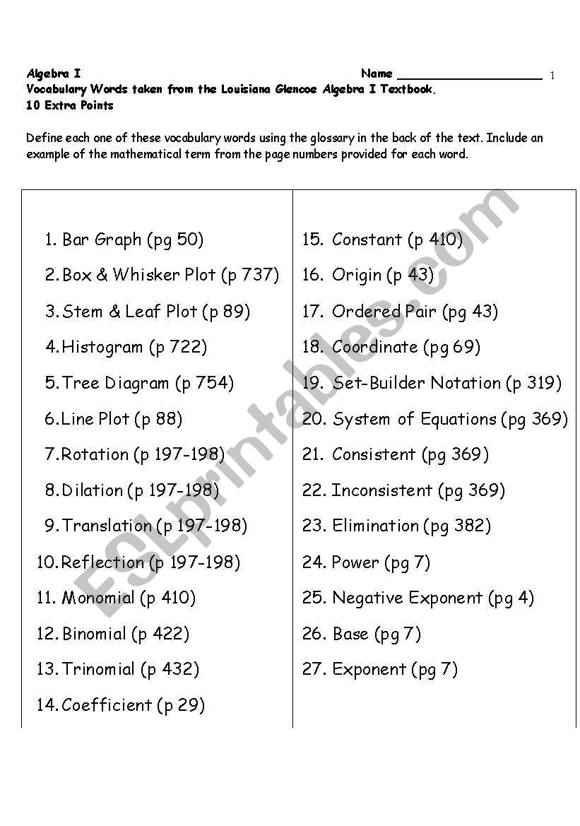 Algebra One Vocabulary worksheet