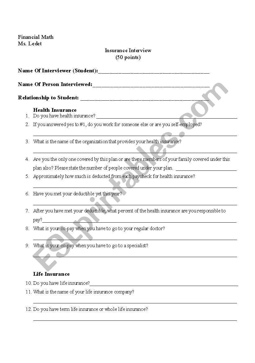 Health Insurance Interview worksheet