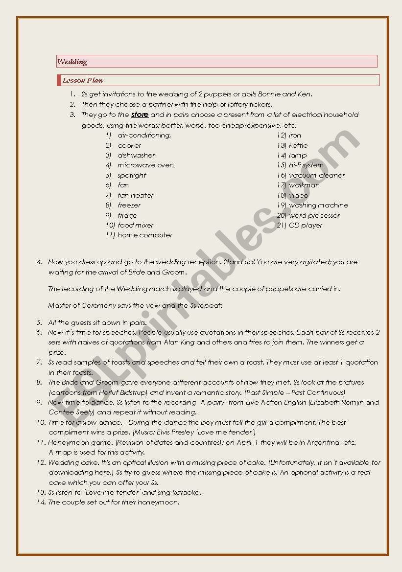 Wedding worksheet