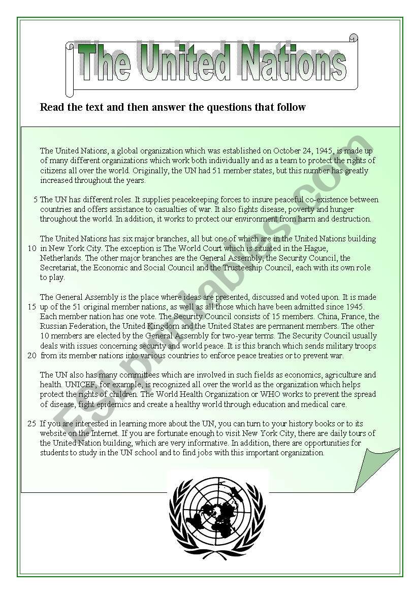 The United Nations - reading comprehension