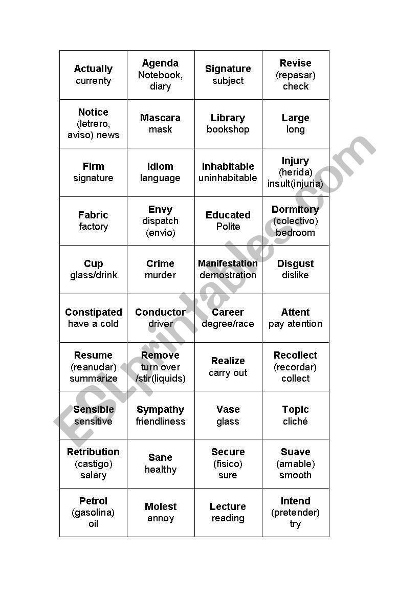 false friends English Spanish worksheet