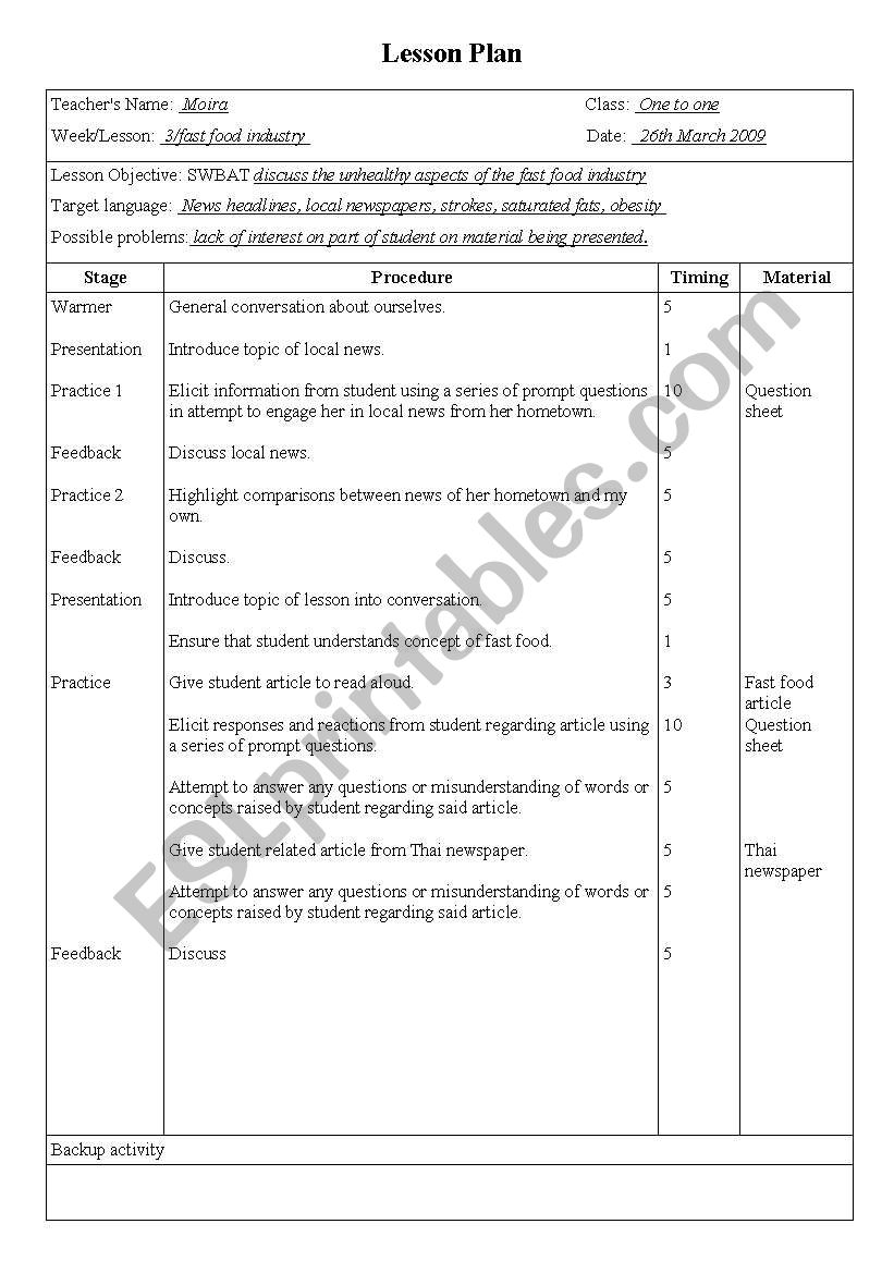 lesson plan one to one worksheet