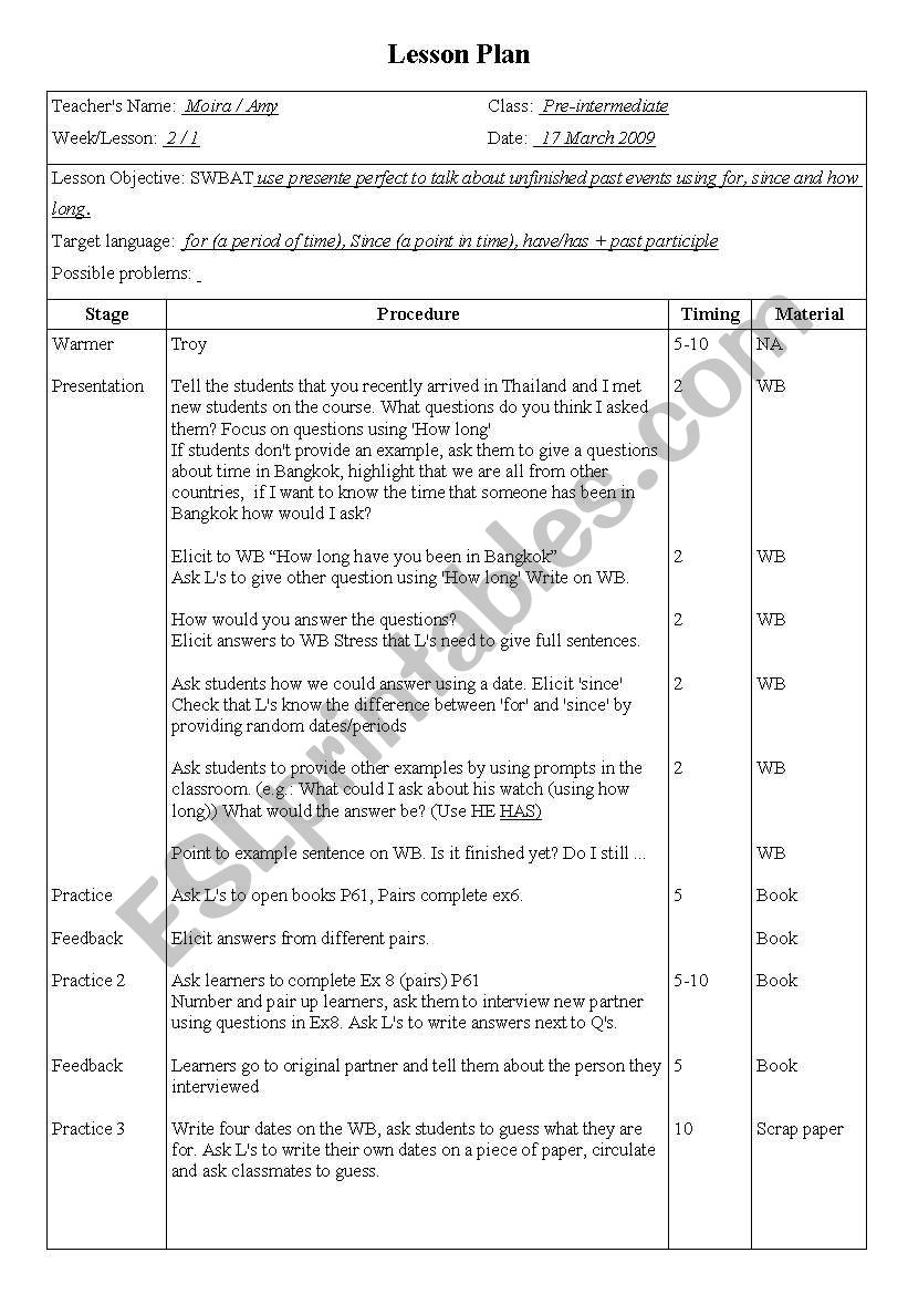 lesson plan use present perfect tense