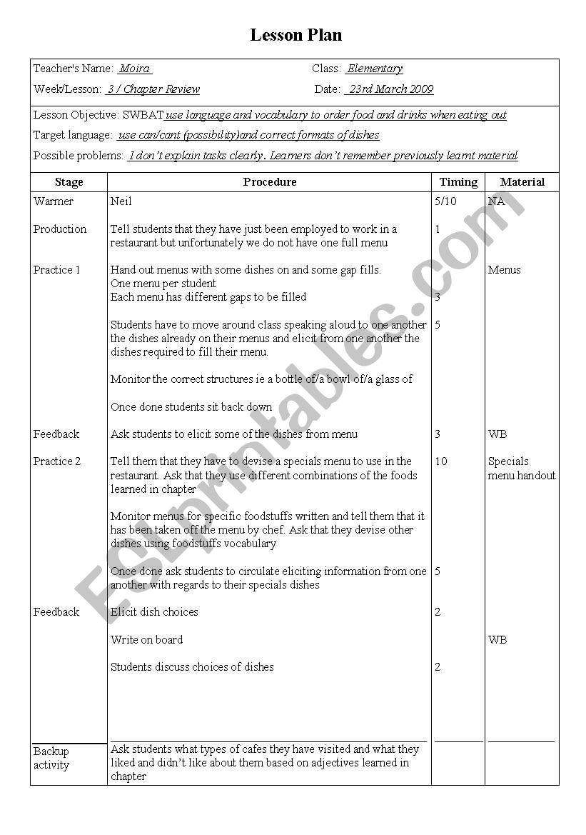 Lesson Plan Language And Vocab To Order Food ESL Worksheet By Moira1