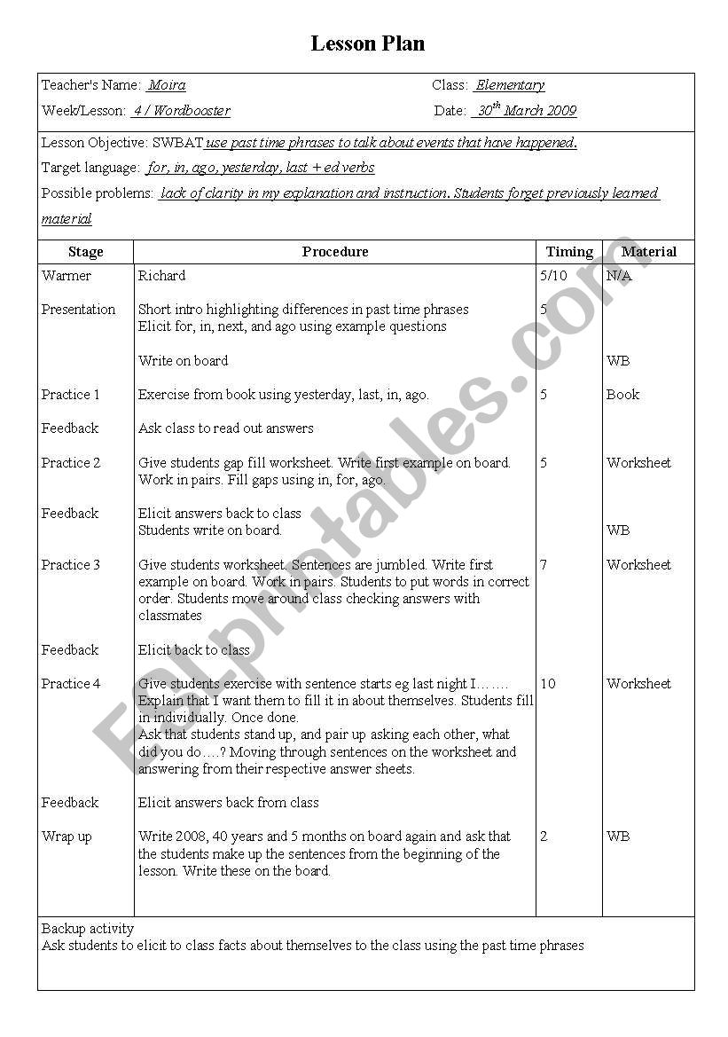 lesson plan past time phrases worksheet