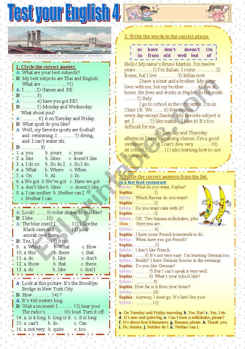 Test your English 4 worksheet