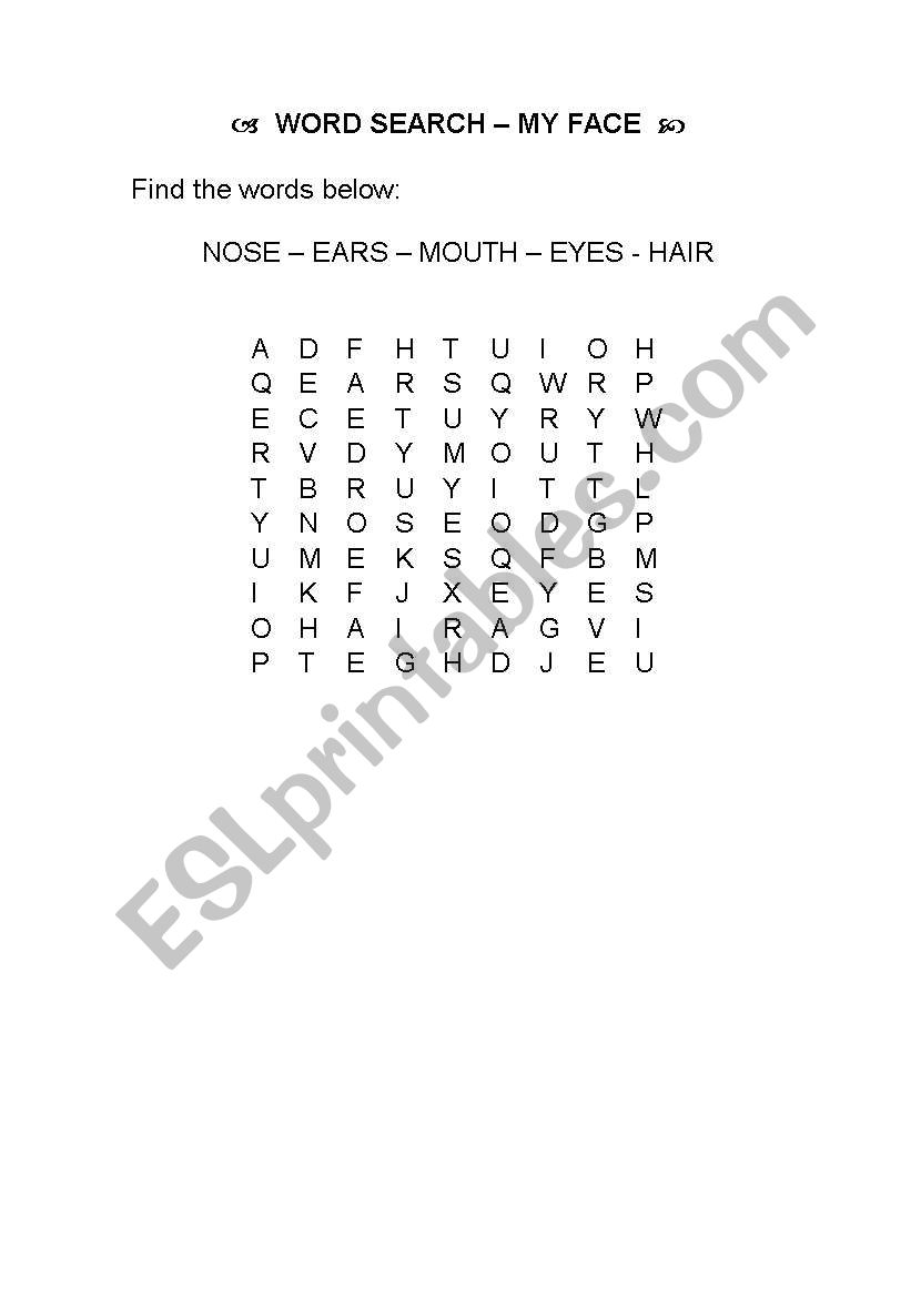 Word Search - My Face worksheet