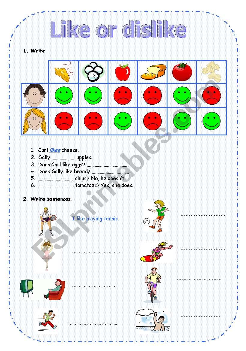 Like or dislike worksheet