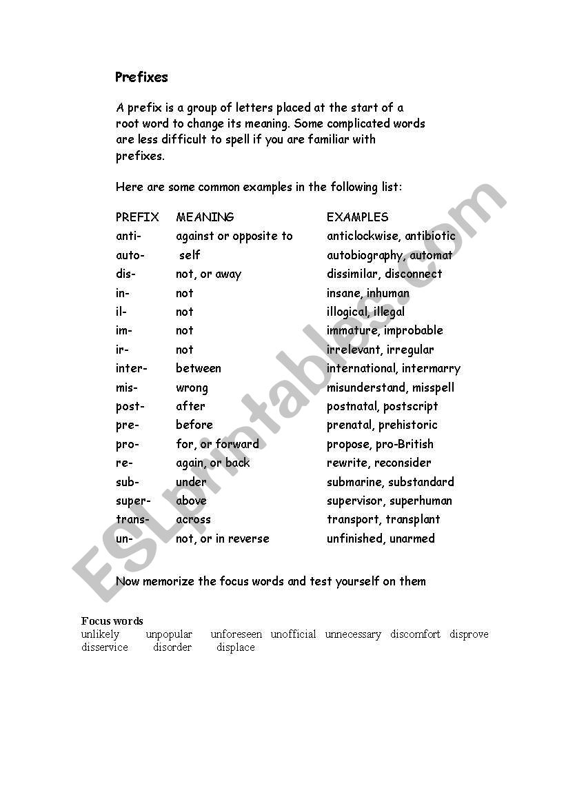 prefixes worksheet