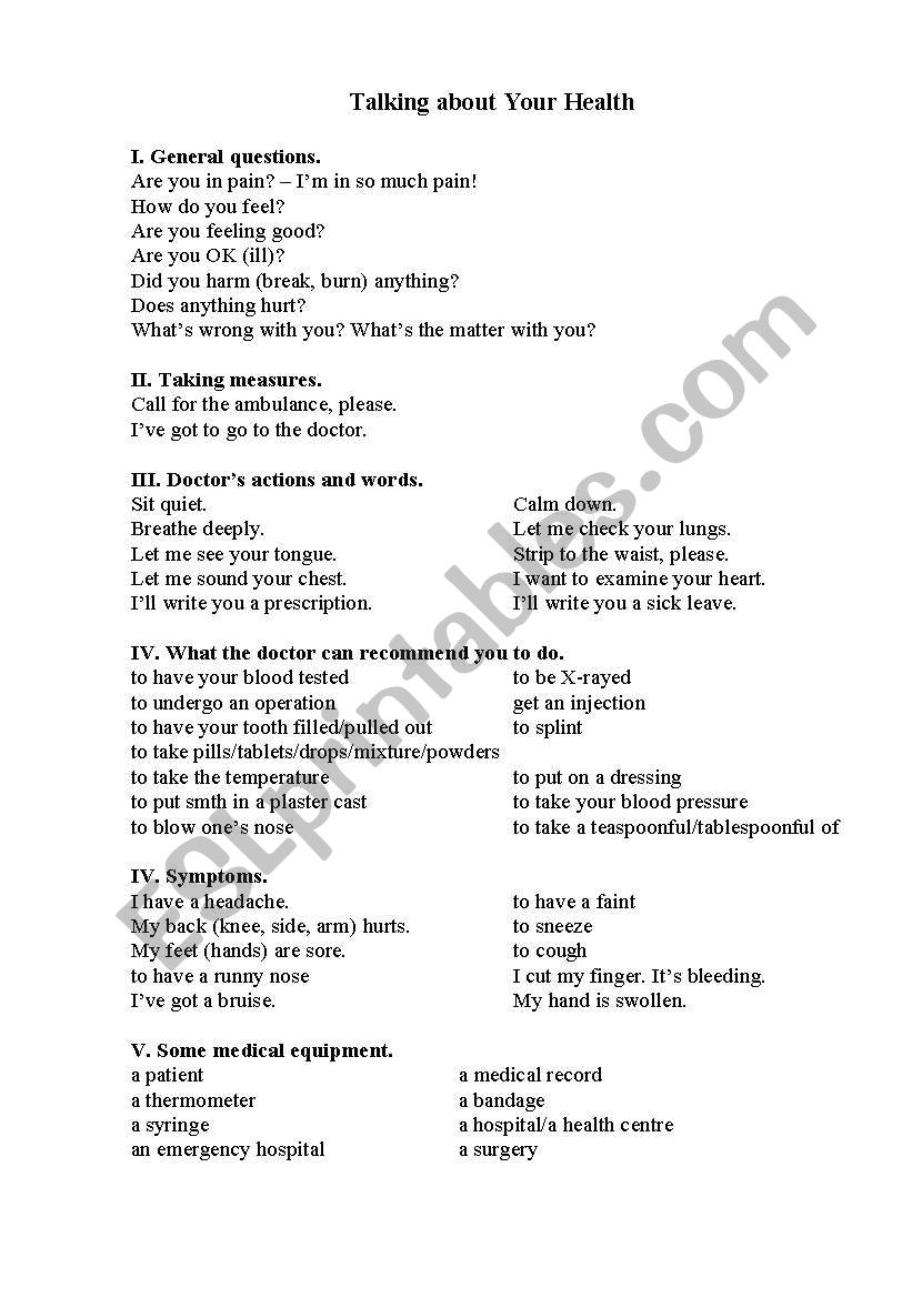 Speaking about your health worksheet